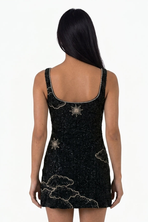 Black Celestial Print Mini Dress MISSING BACK