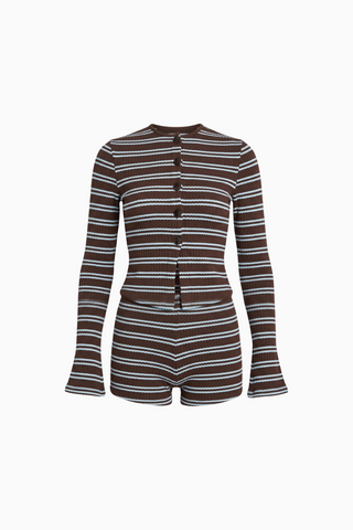 Striped Knit Cardigan and Shorts Set in Brown and Blue