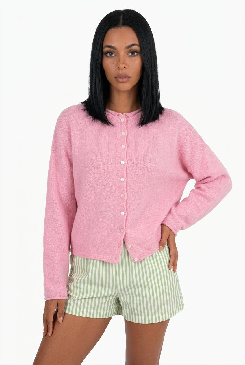 Soft Pink Button-Up Knit Cardigan