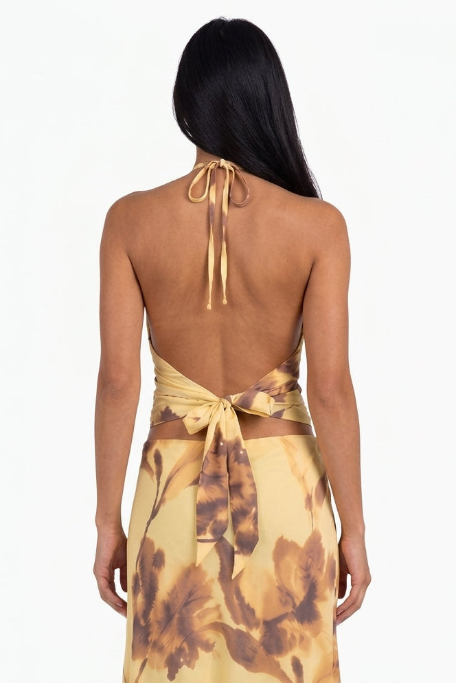 Yellow Floral Halter Neck Two-Piece Set
