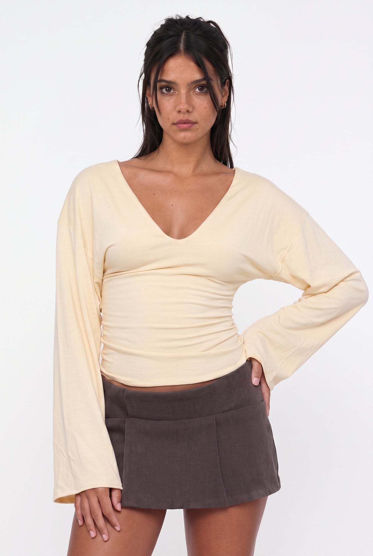 Butter Yellow Ruched V-Neck Top