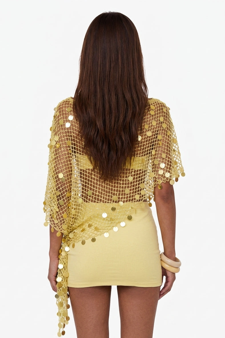 Open-Knit Sequin Cover-Up Top and Mini Skirt Set