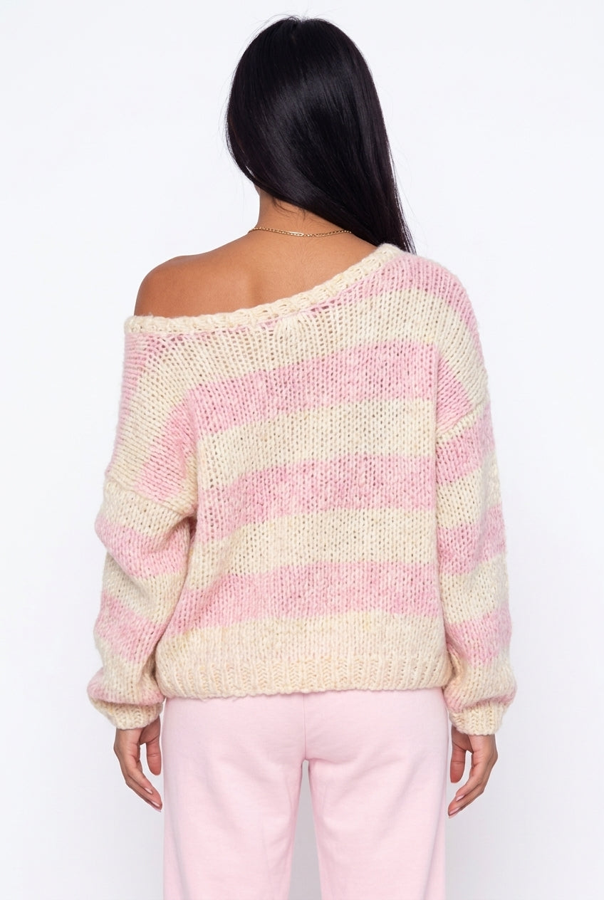 Chunky Striped Off-the-Shoulder Knit Sweater