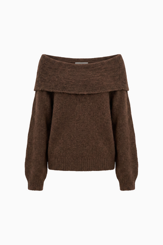 Chocolate Brown Ribbed Off-the-Shoulder Knit Sweater