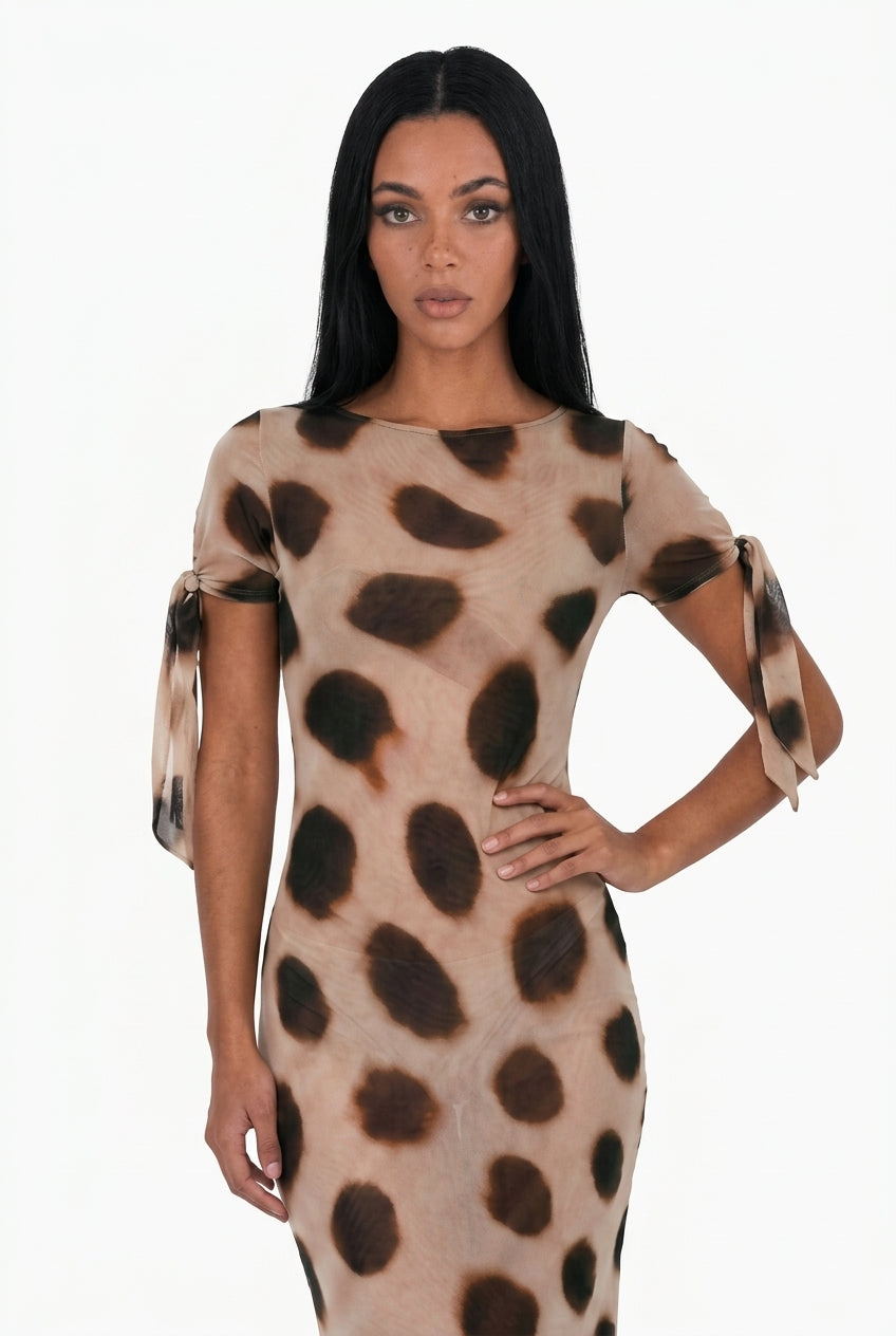 Spotted Mesh Tie-Sleeve Maxi Dress