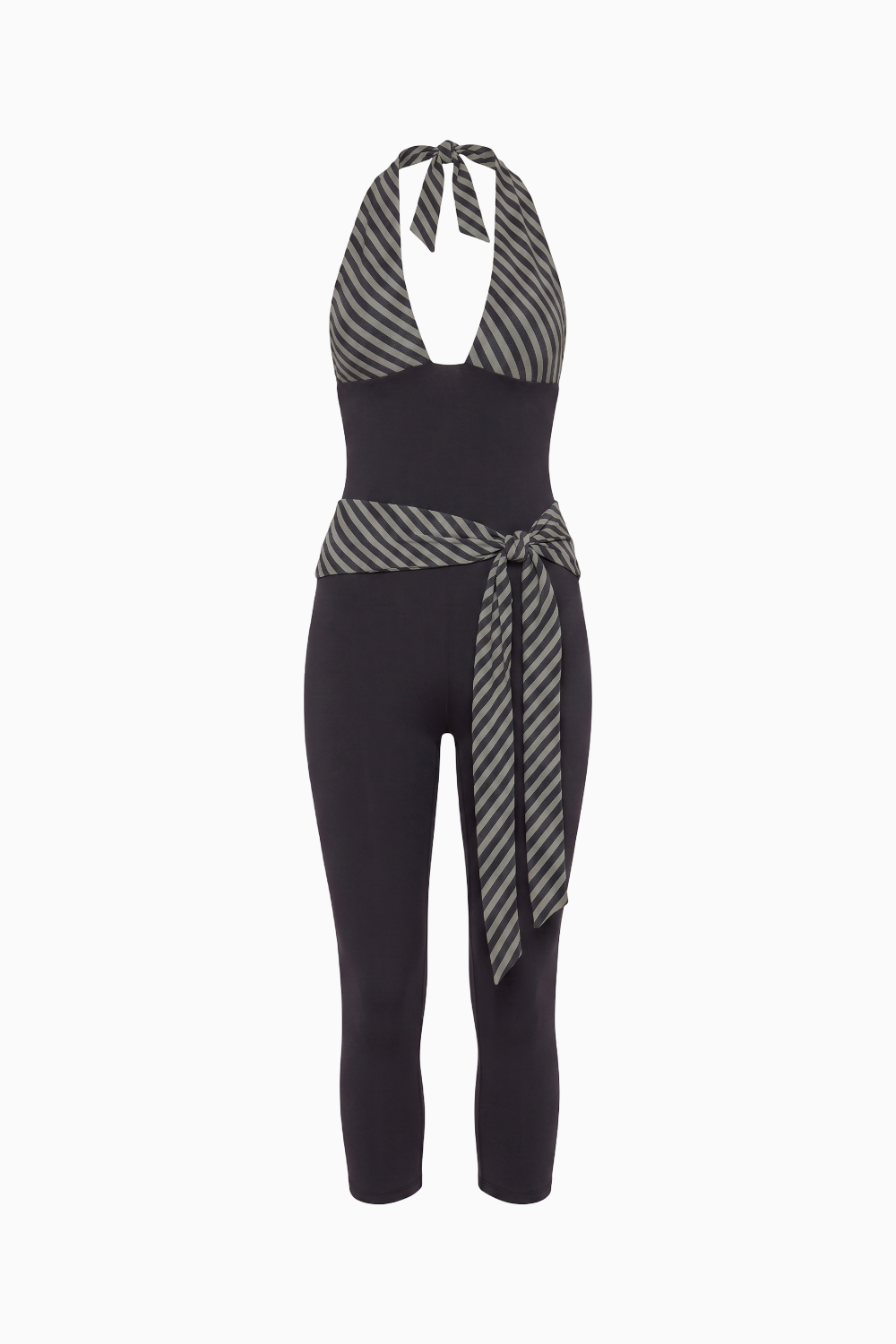 Chevron Stripe Halter Neck Cropped Jumpsuit with Tie Waist