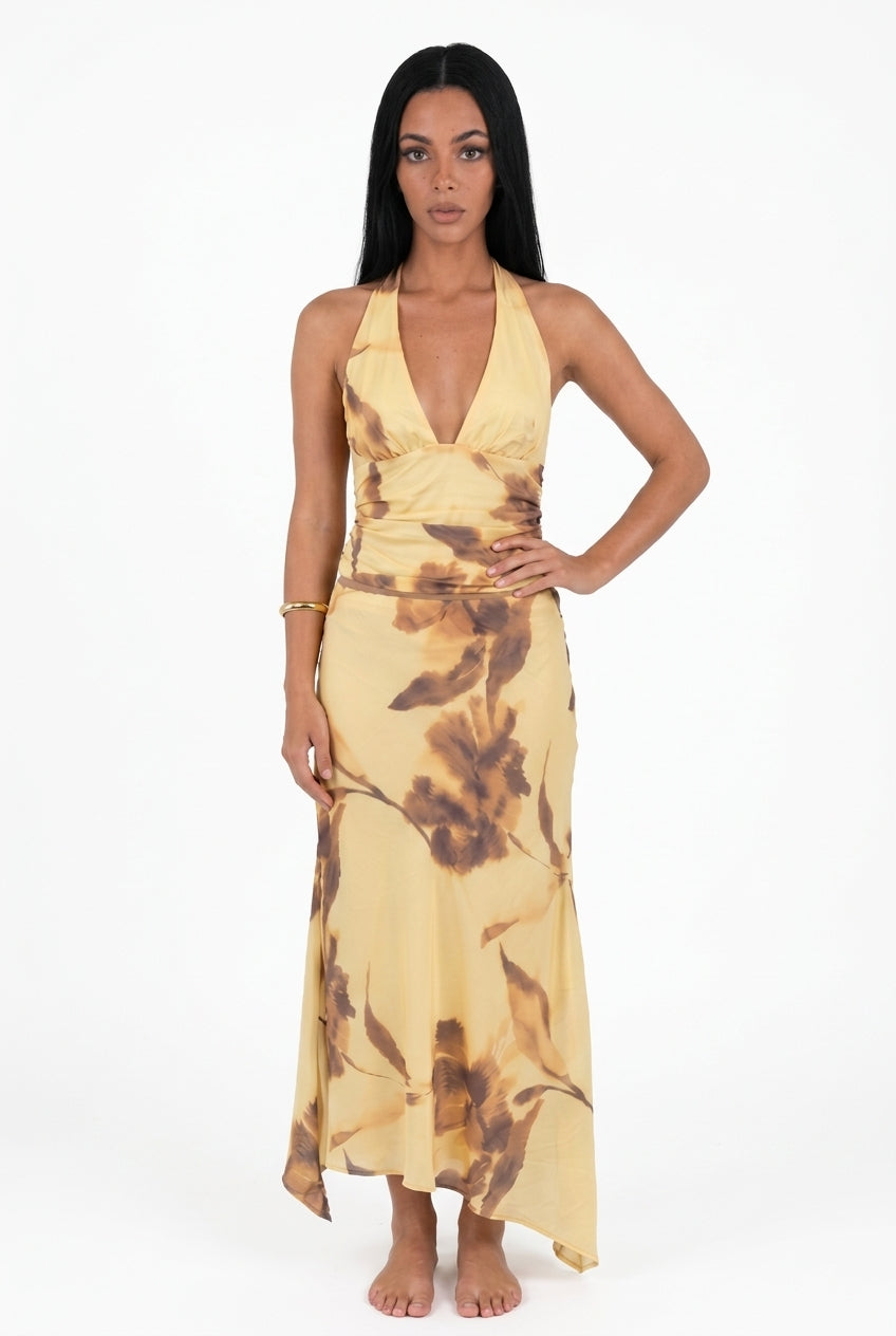 Yellow Floral Halter Neck Two-Piece Set
