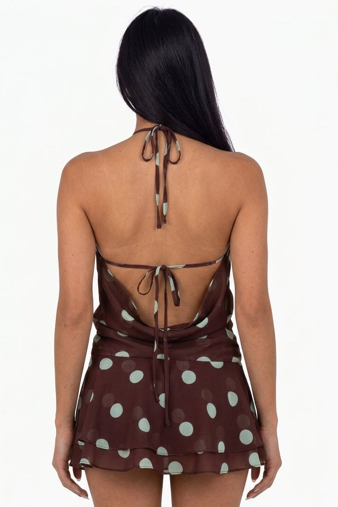 Chocolate Polka Dot Halter Mini Dress