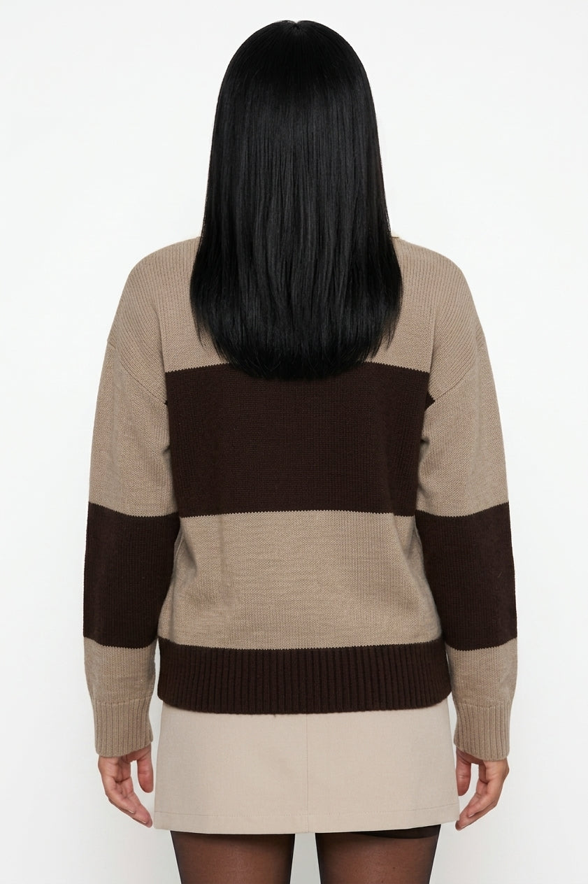 Relaxed Fit Half-Button Striped Sweater