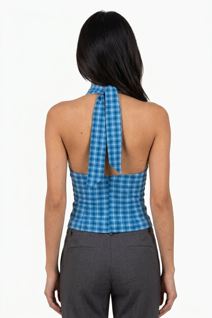 Retro Blue Tartan Halter Top