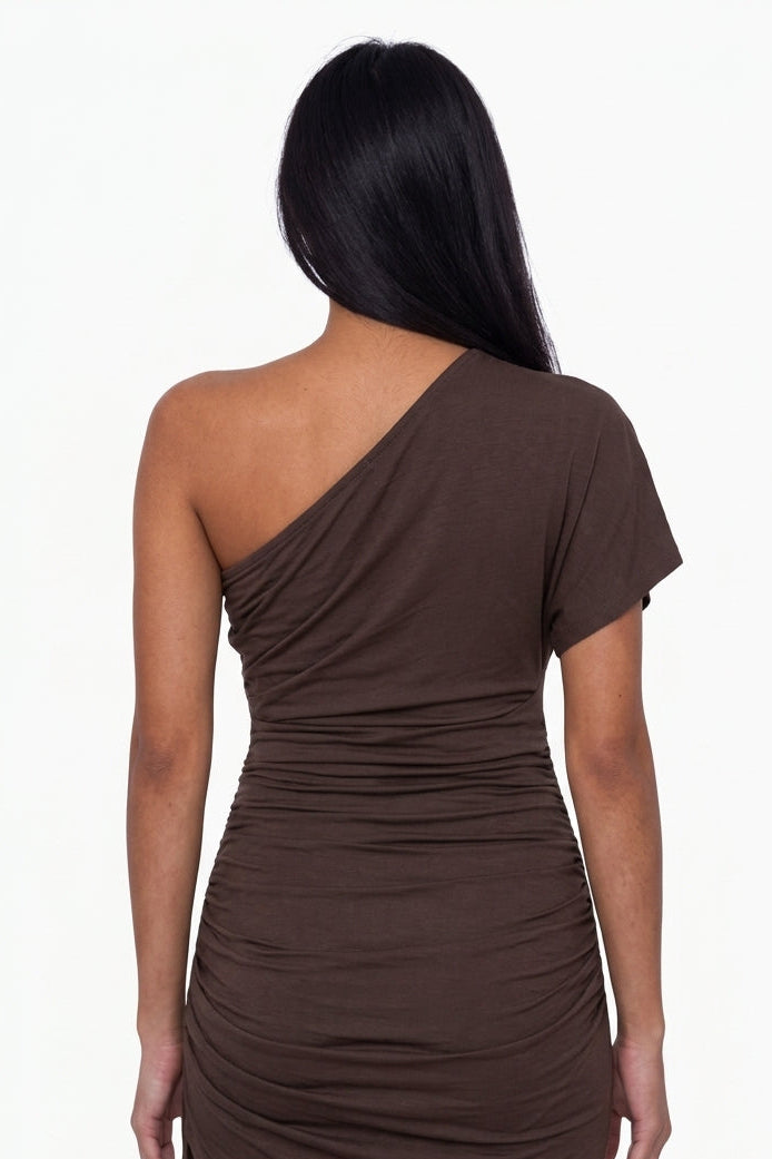 Brown Ruched Asymmetrical Draped Mini Dress