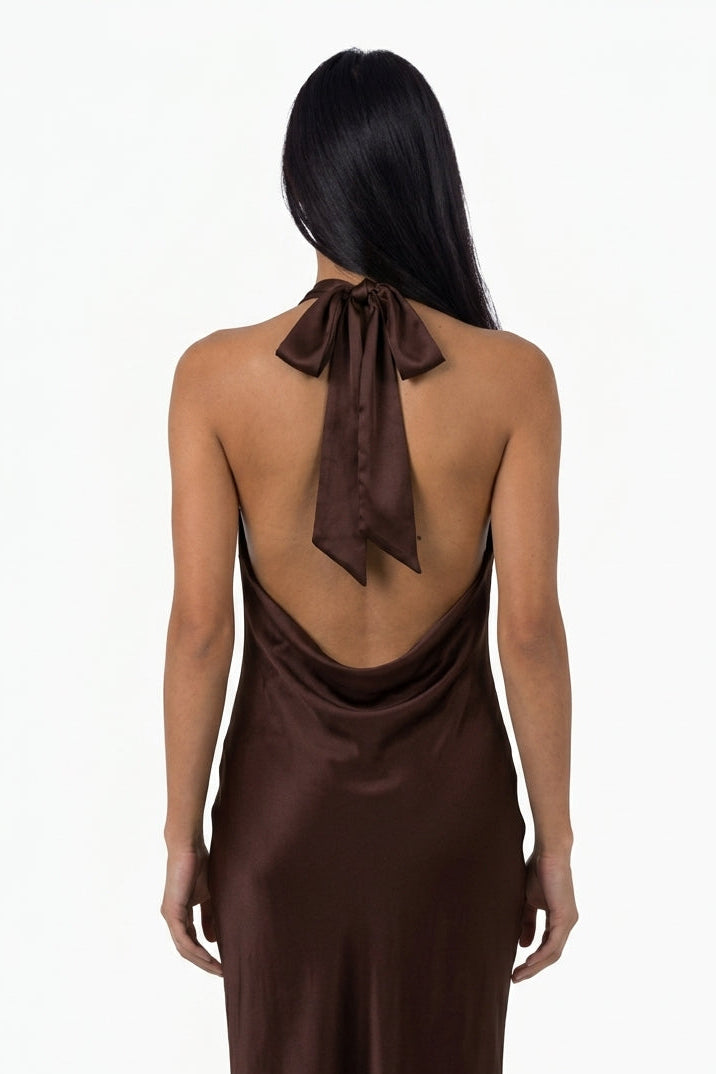 Chocolate Satin Halter Maxi Dress      REPEAT