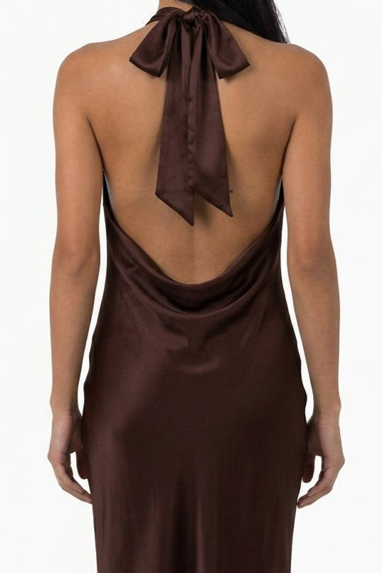 Chocolate Satin Halter Maxi Dress