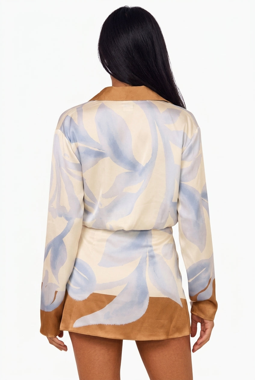 Abstract Floral Long Sleeve Mini Dress     falta lupa