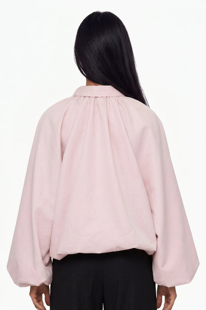 Collared Zip-Front Ruched Crop Jacket with Balloon Sleeves