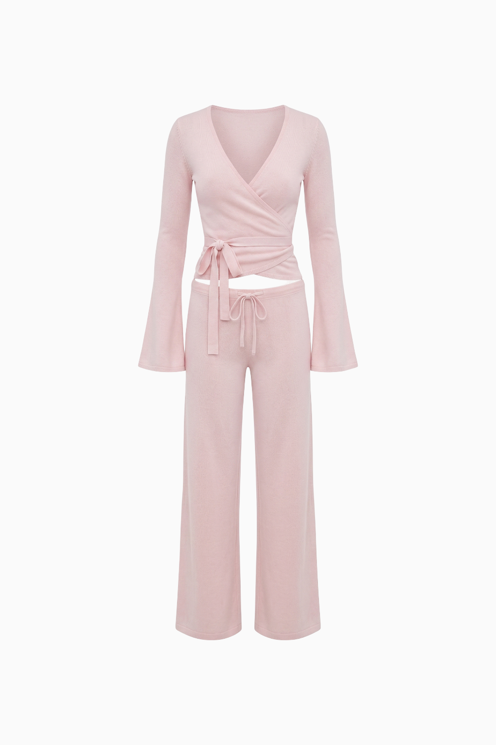 Ribbed Knit Wrap Top & Wide-Leg Pants Lounge Set