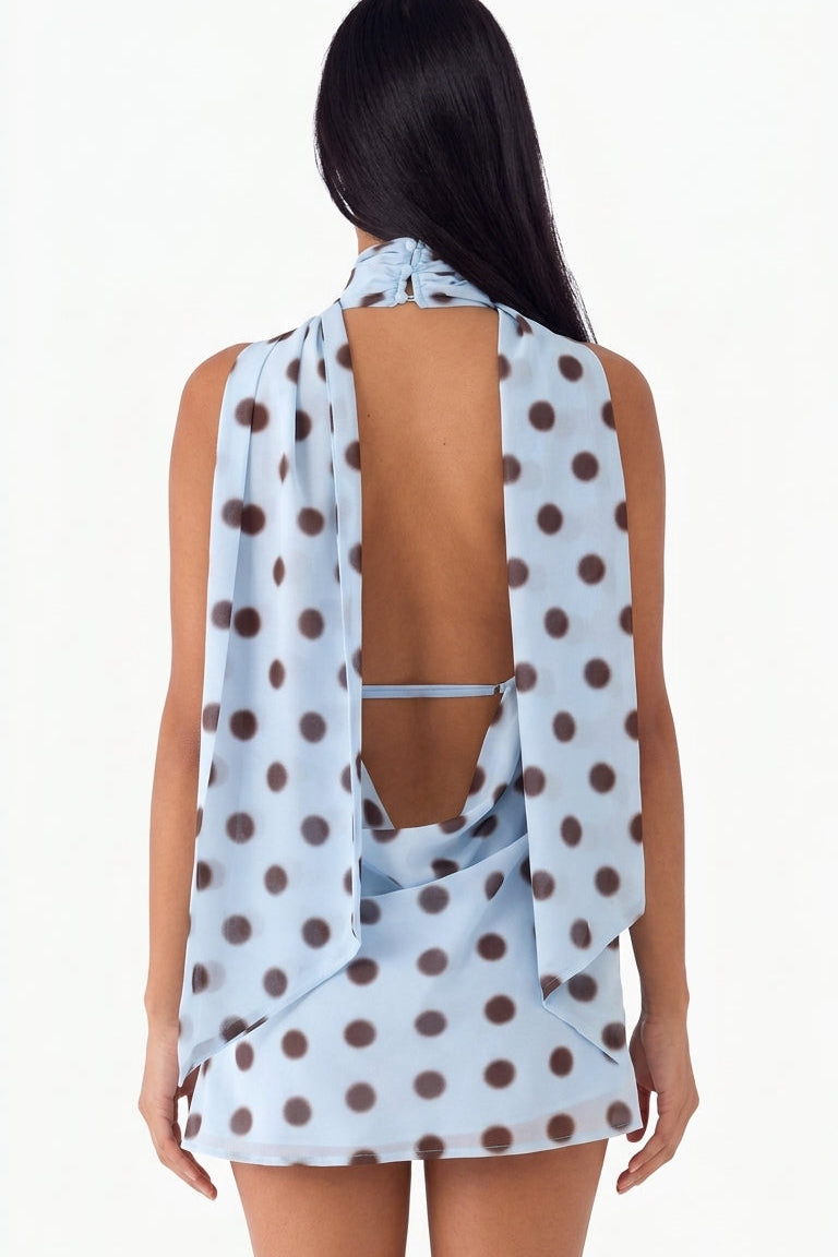 Light Blue Polka Dot Cowl Neck Halter Top Dress