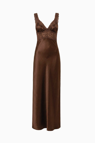 Chocolate Brown Satin Lace-Trim Maxi Dress