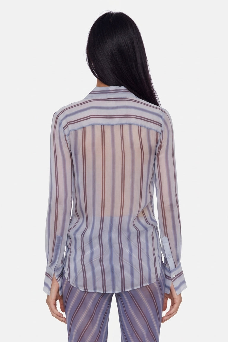 Two-Piece Striped Sheer Shirt and Wide-Leg Pants Outfit