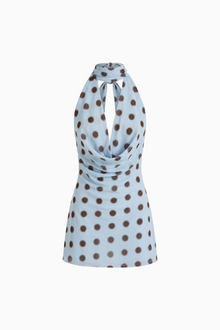 Light Blue Polka Dot Cowl Neck Halter Top Dress