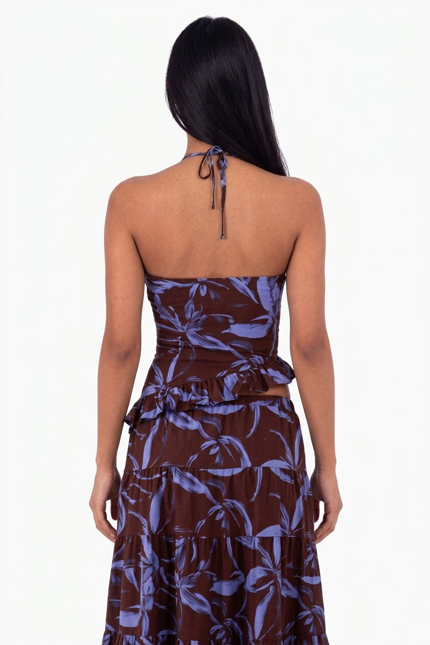 Deep Plum & Lavender Floral Tiered Maxi Set