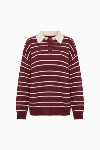 Oversized Burgundy Striped Polo Knit Sweater