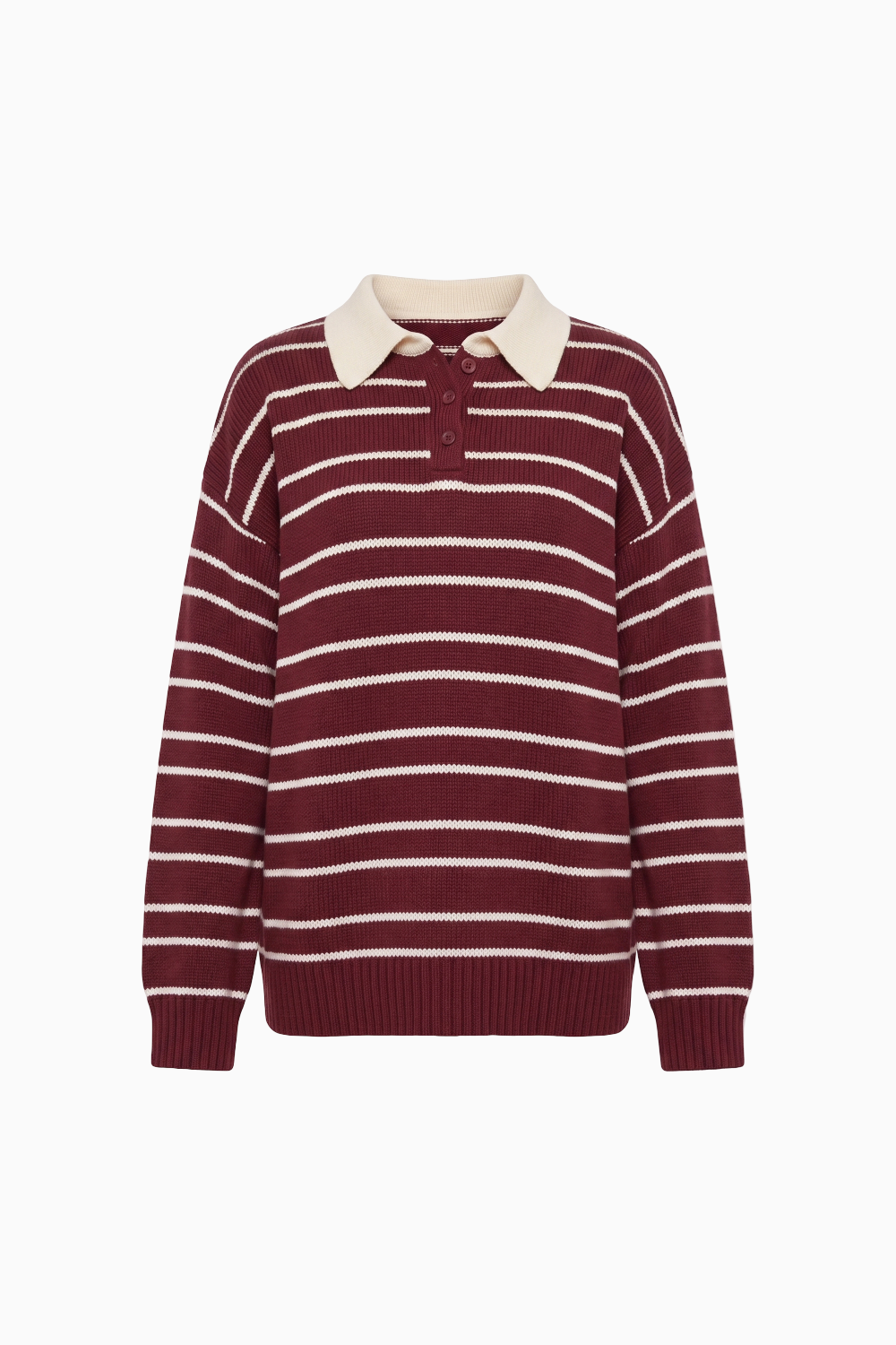 Oversized Burgundy Striped Polo Knit Sweater