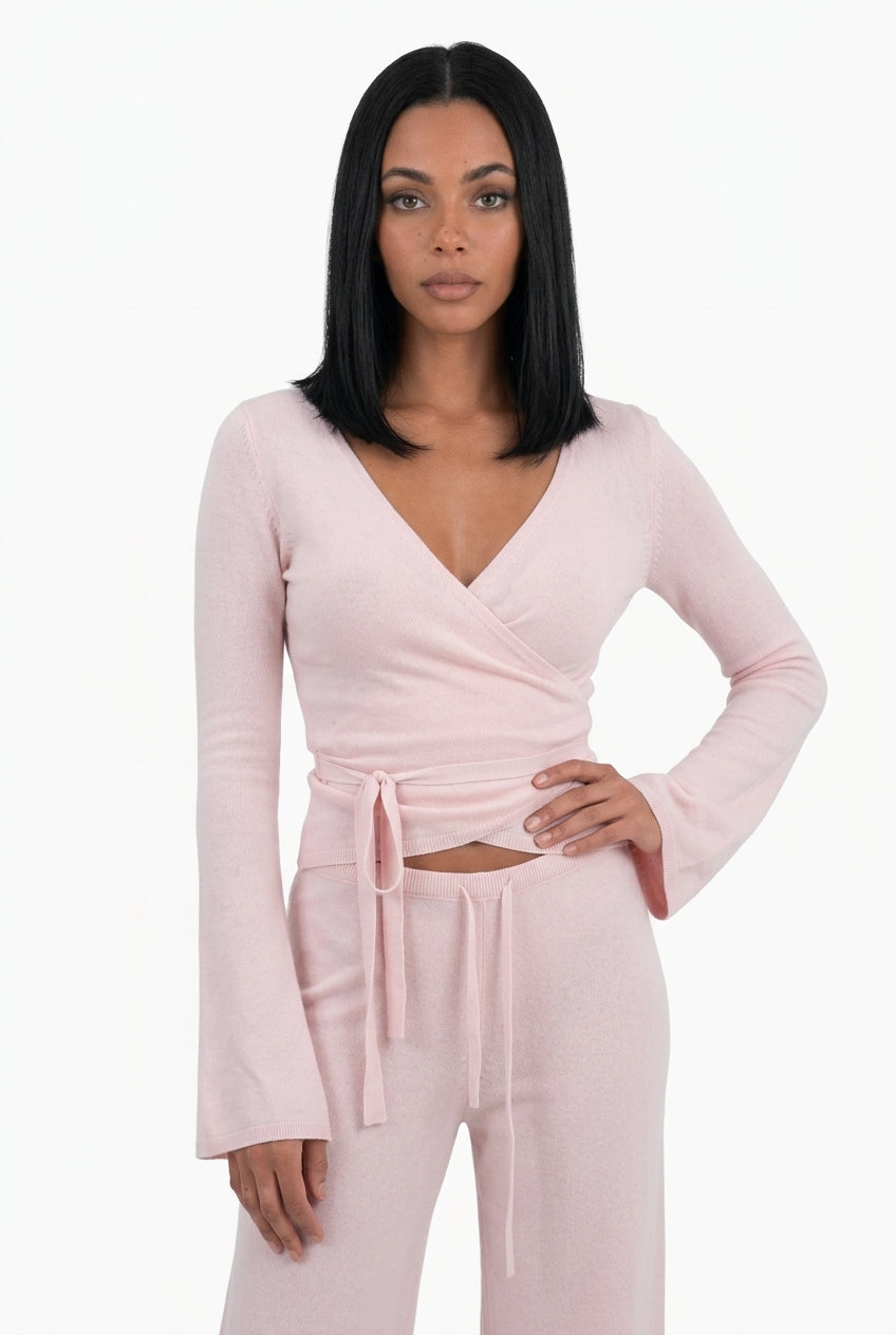 Ribbed Knit Wrap Top & Wide-Leg Pants Lounge Set