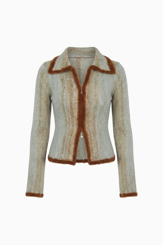 Faux Fur Trim Knit Zip-Up Cardigan