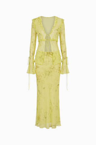 Sheer Abstract Print Tie-Front Maxi Set