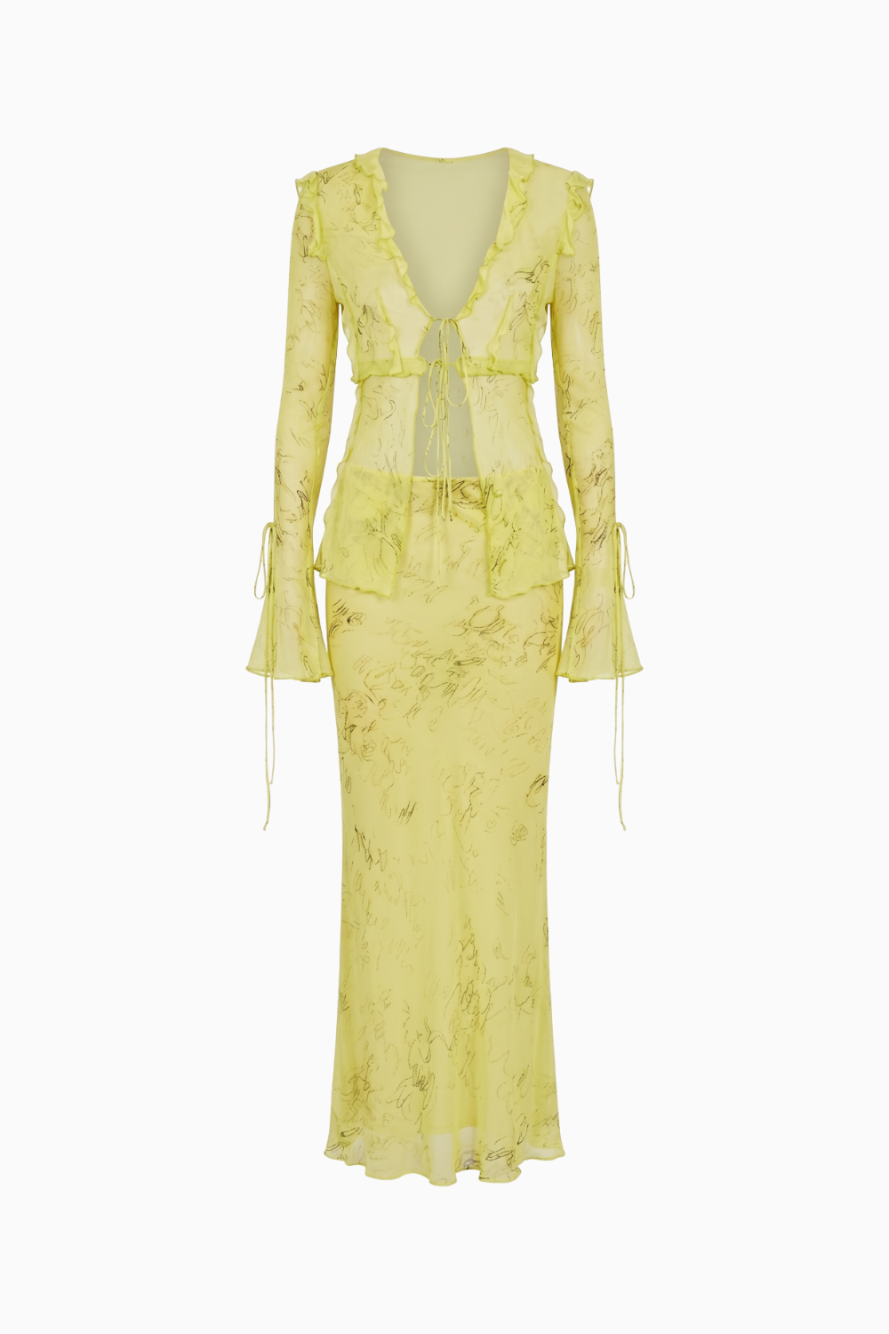 Sheer Abstract Print Tie-Front Maxi Set