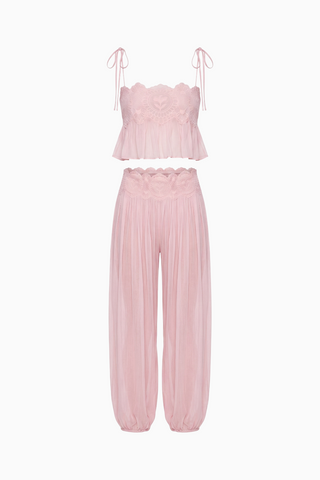 Pink Lace-Trimmed Crop Top and Pleated Harem Pants Set