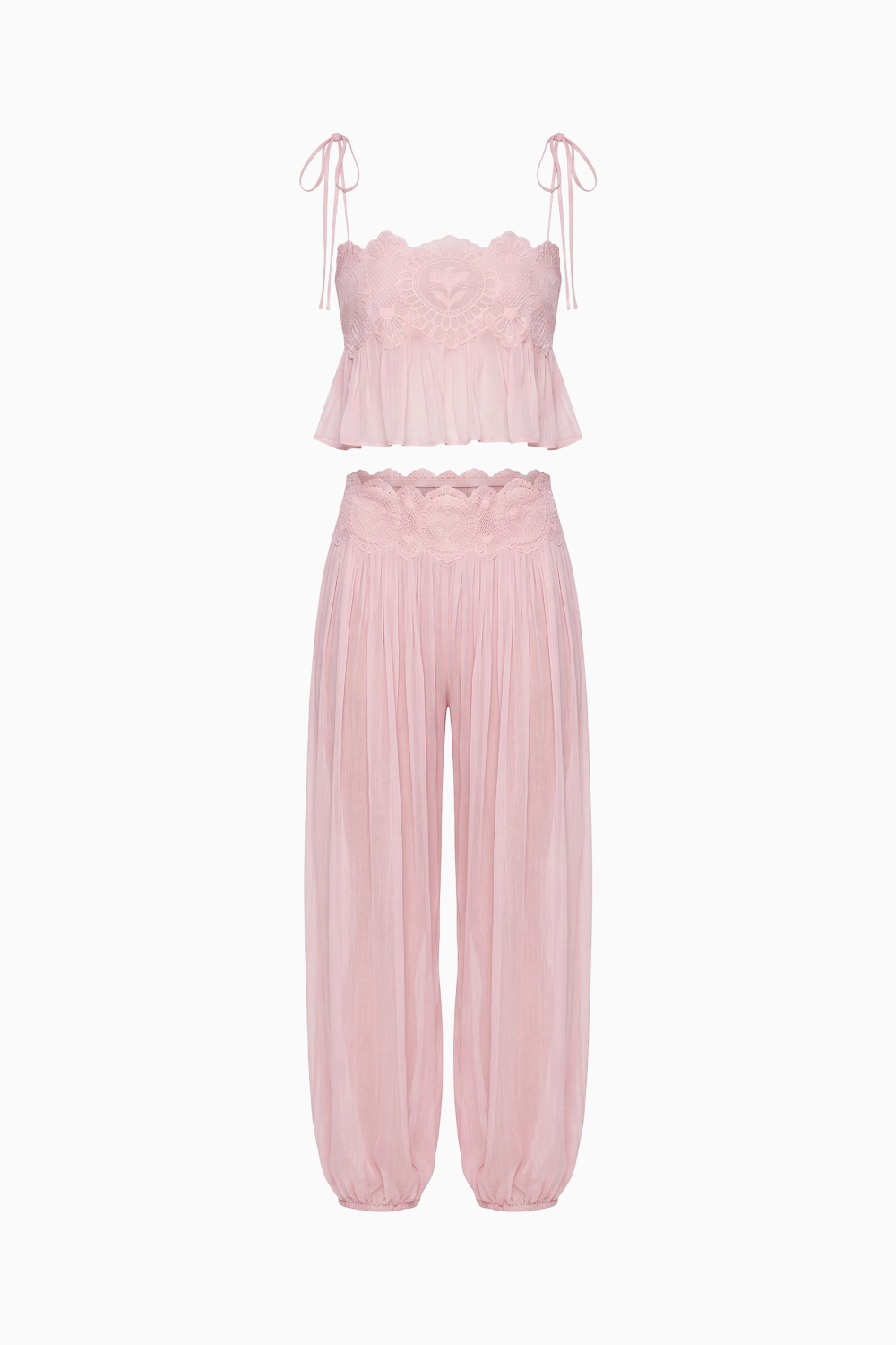 Pink Lace-Trimmed Crop Top and Pleated Harem Pants Set