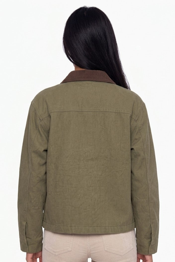 Corduroy-Collared Olive Work Jacket
