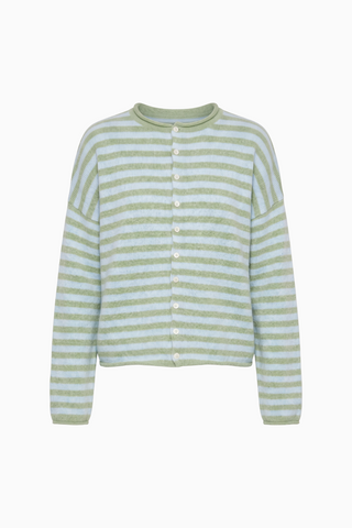 Cozy Striped Cashmere-Blend Cardigan Pink & Grey