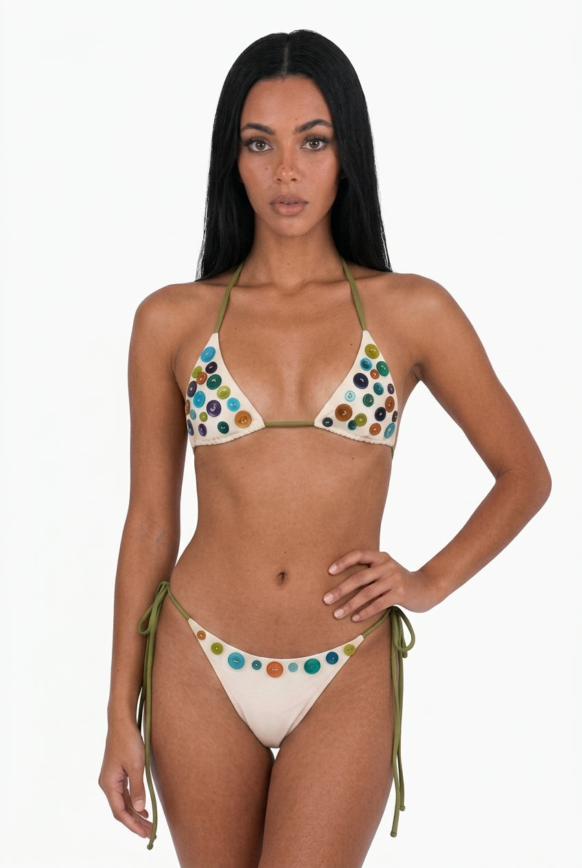 Embellished Beaded 3-Pieces Cream Bikini Set