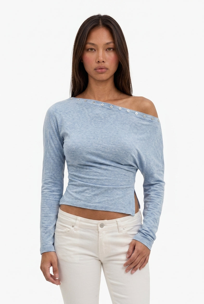 One-Shoulder Grommet Detail Long Sleeve Top