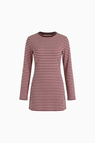 Pink and Brown Striped Long-Sleeve Mini Dress