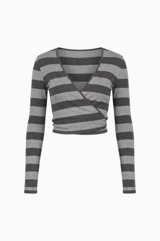 Grey and Black Striped V-Neck Long Sleeve Wrap Crop Top