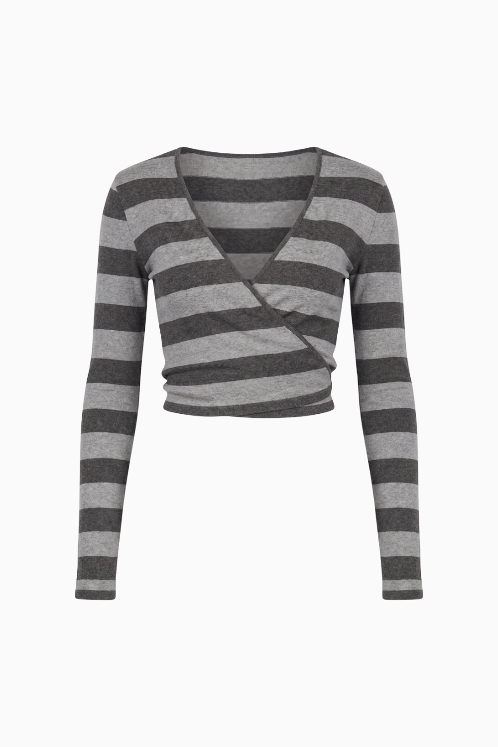 Grey and Black Striped V-Neck Long Sleeve Wrap Crop Top