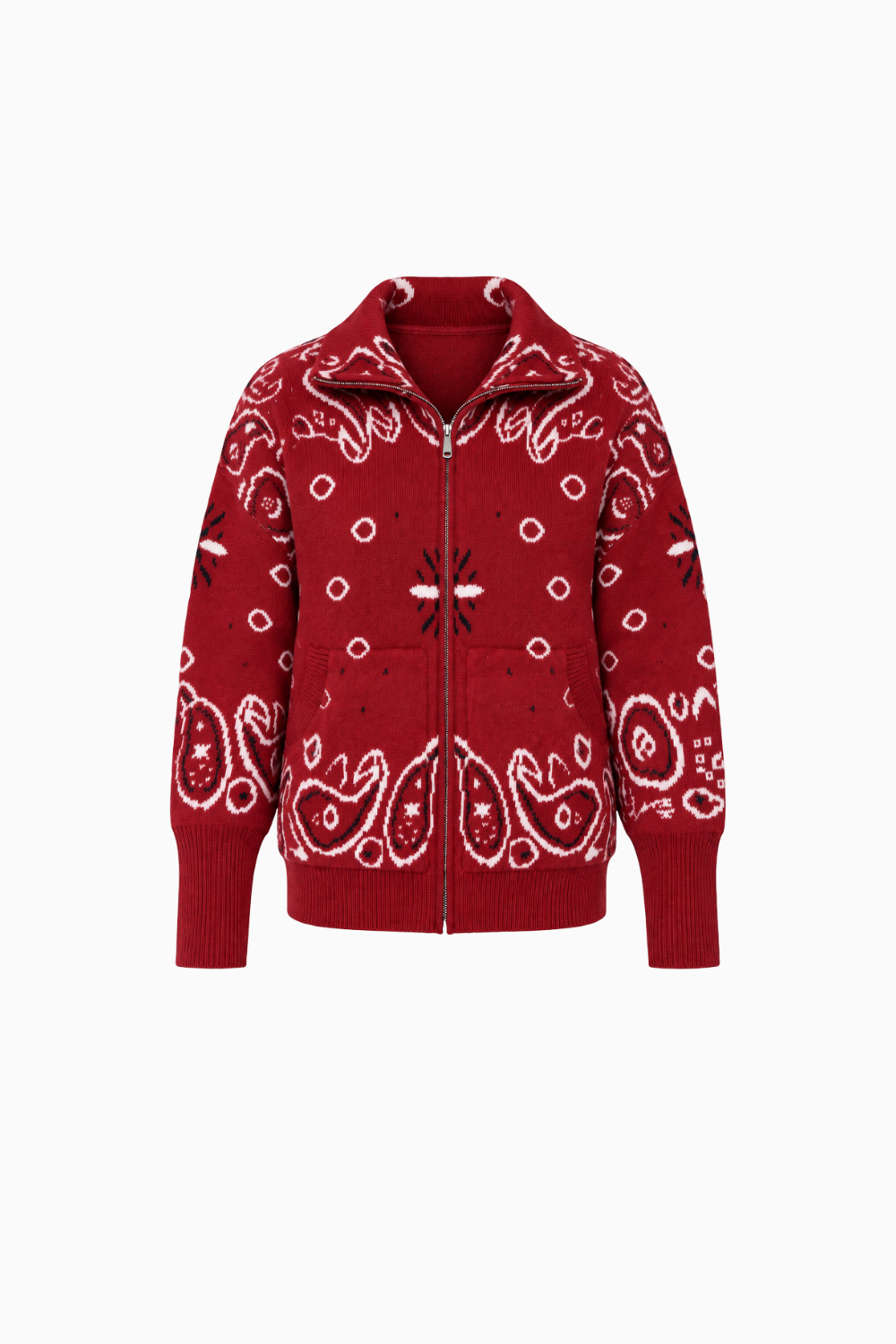 Paisley Motif Stand-Collar Cardigan