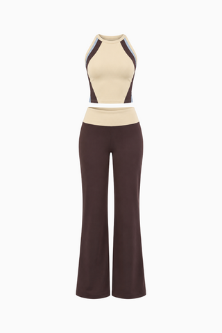 Cream & Brown Color-Block Halter Top and Flared Pants Set