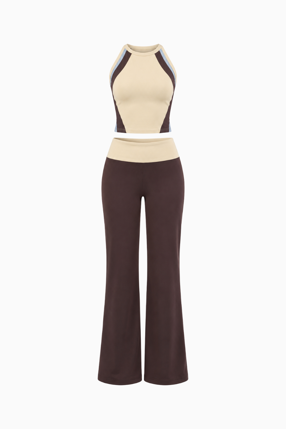 Cream & Brown Color-Block Halter Top and Flared Pants Set