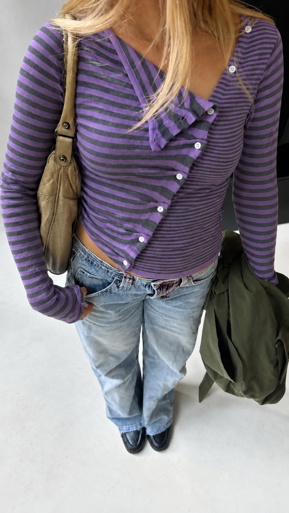 Diagonal Button-Front Striped Top