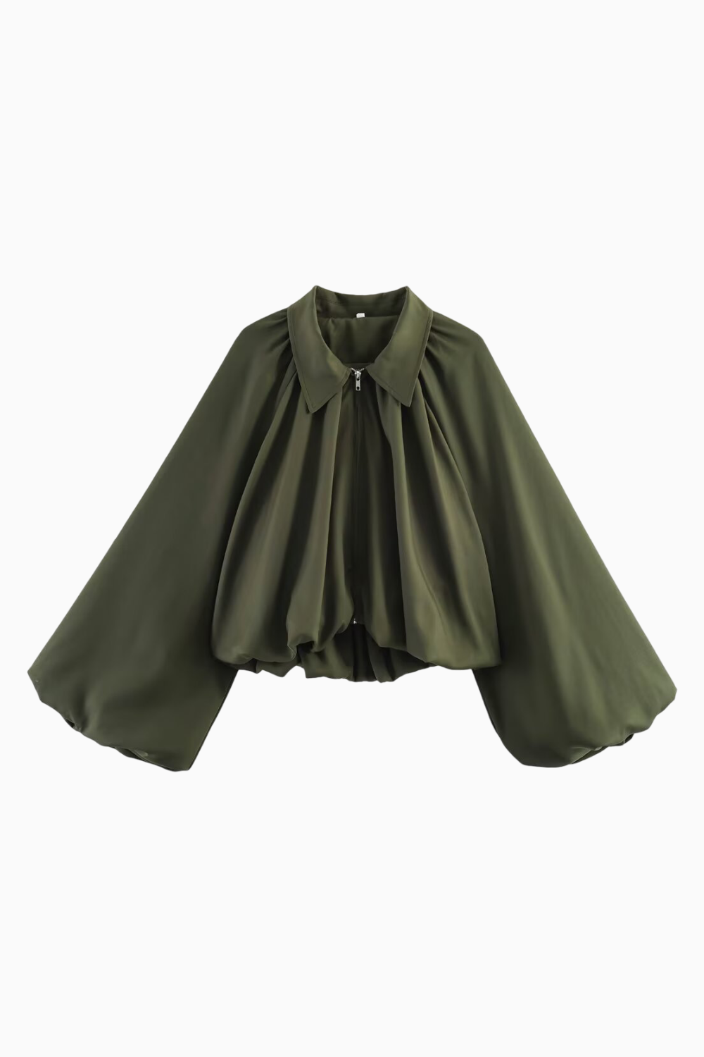 Collared Zip-Front Ruched Crop Jacket with Balloon Sleeves
