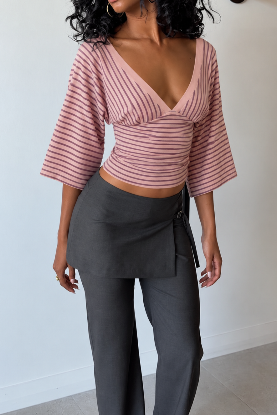 Pink Striped V-Neck Crop Top