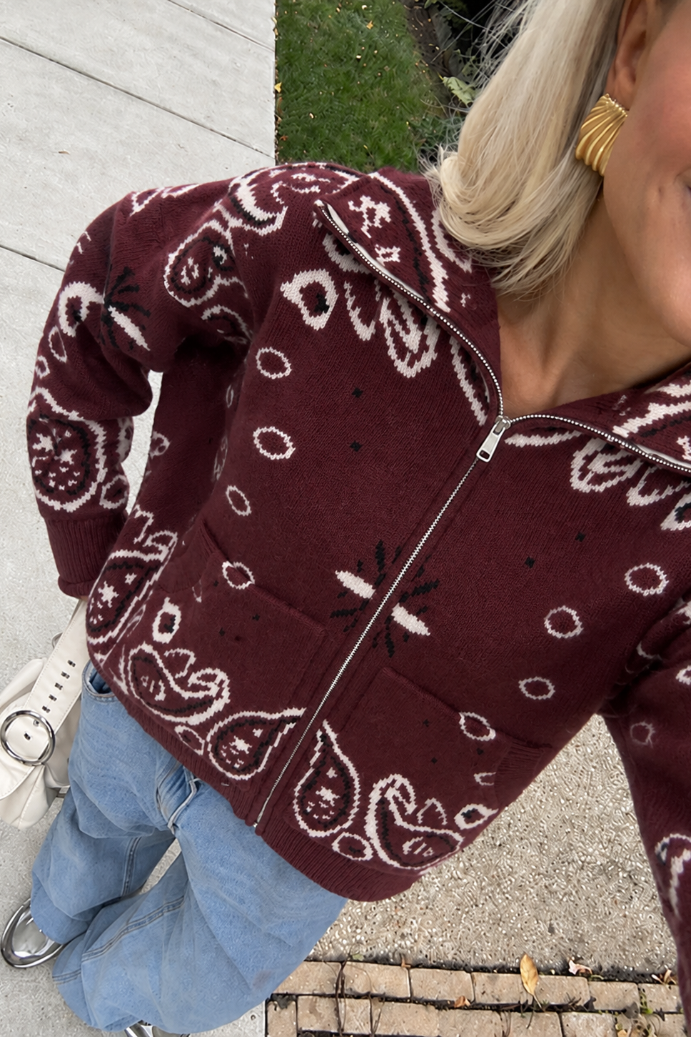 Paisley Motif Stand-Collar Cardigan