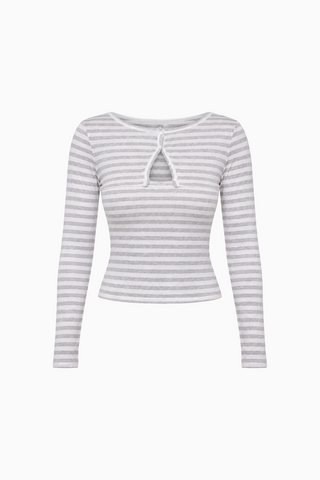 Striped Long Sleeve Keyhole Top with Front Button Detail