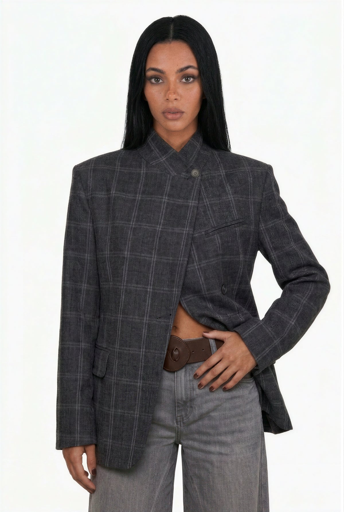 Plaid Asymmetric Stand-Collar Blazer