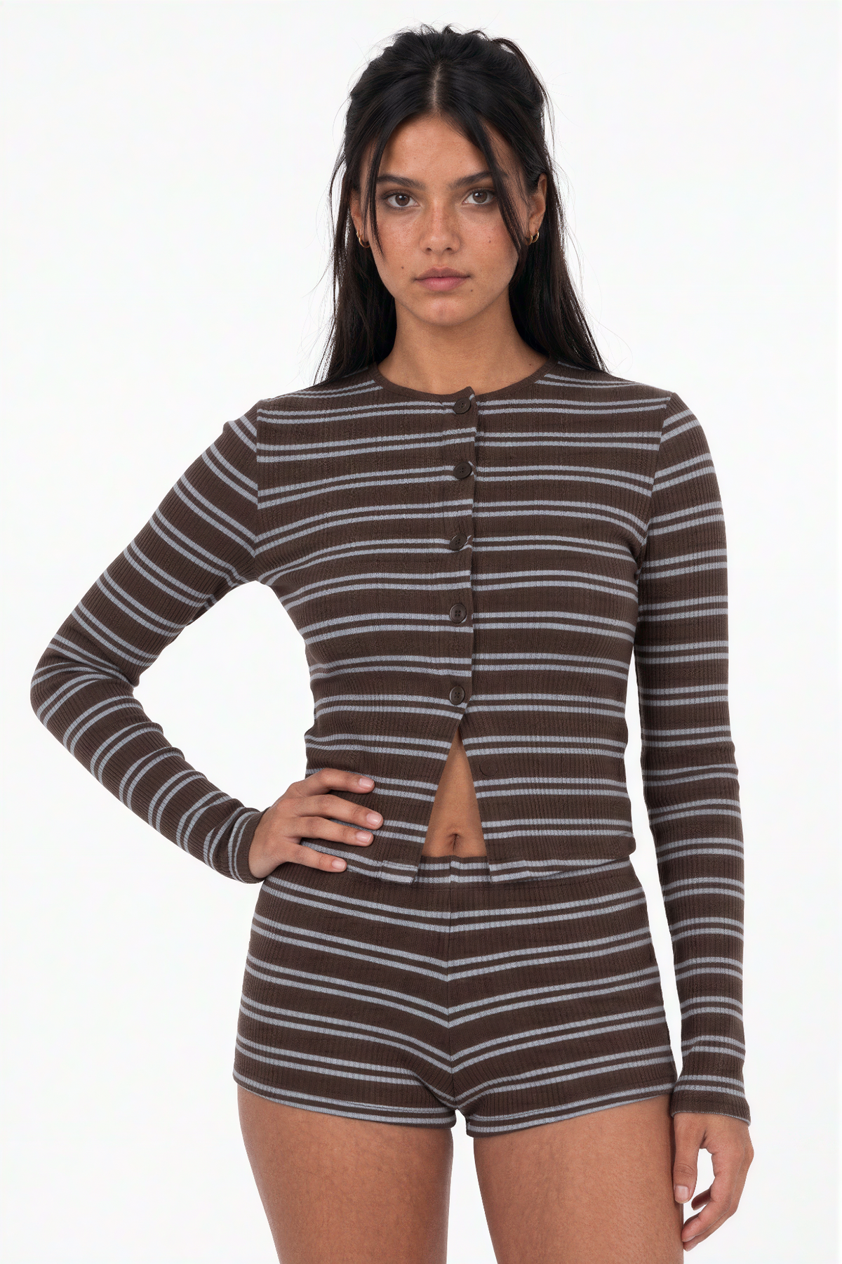 Striped Knit Cardigan and Shorts Set in Brown and Blue